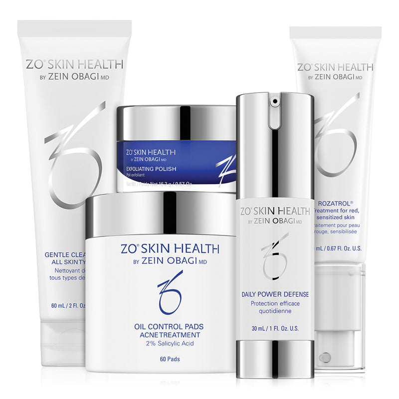 All products from the ZO Skin Normalizing System arranged together, offering a specialized regimen to calm sensitivity and restore balanced skin health