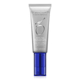 A tube of ZO Smart Tone Broad-Spectrum Sunscreen SPF 50 standing upright, featuring a sleek, modern design with a silver and blue color scheme. The sunscreen is formulated for broad-spectrum UVA/UVB, HEV, and IR-A protection, offering a lightweight, adaptive tint for all skin tones