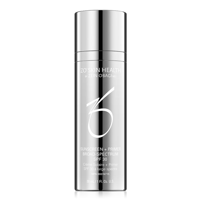 Product image of ZO® Sunscreen + Primer Broad-Spectrum SPF 30 in sleek silver and white packaging, designed to provide UVA/UVB, blue light, and infrared protection while doubling as a mattifying makeup primer for smoother skin and a flawless finish